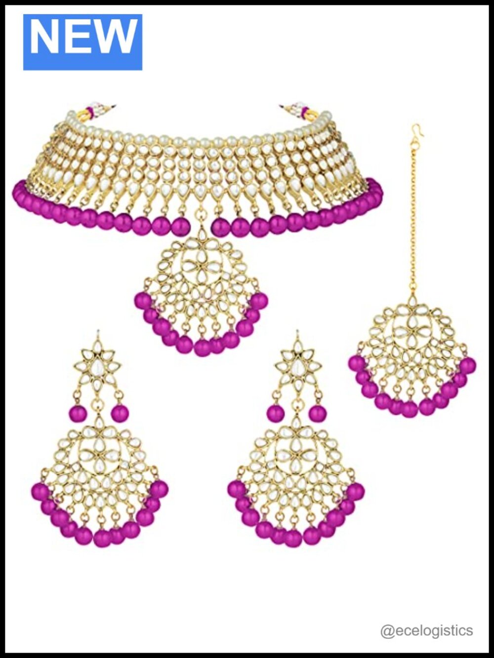 Faux Kundan Necklace Earrings Maang Tikka Set Indian Ethnic Wedding Jewelry
